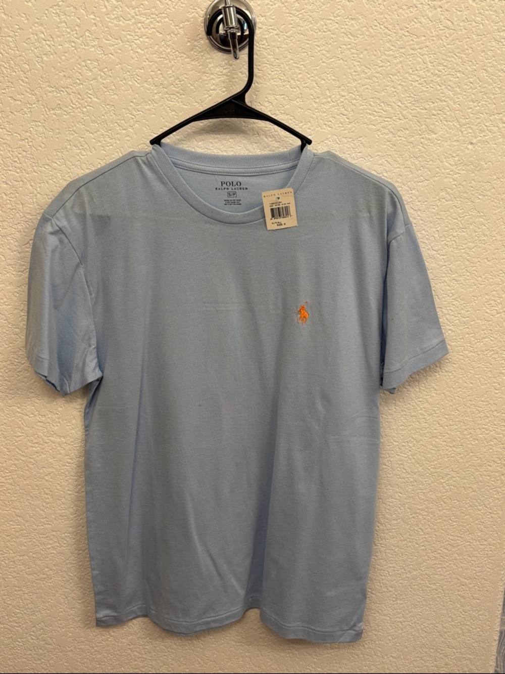 Men’s Polo Ralph Lauren Light Blue Crew Tee with Orange Logo size Small BNWT
